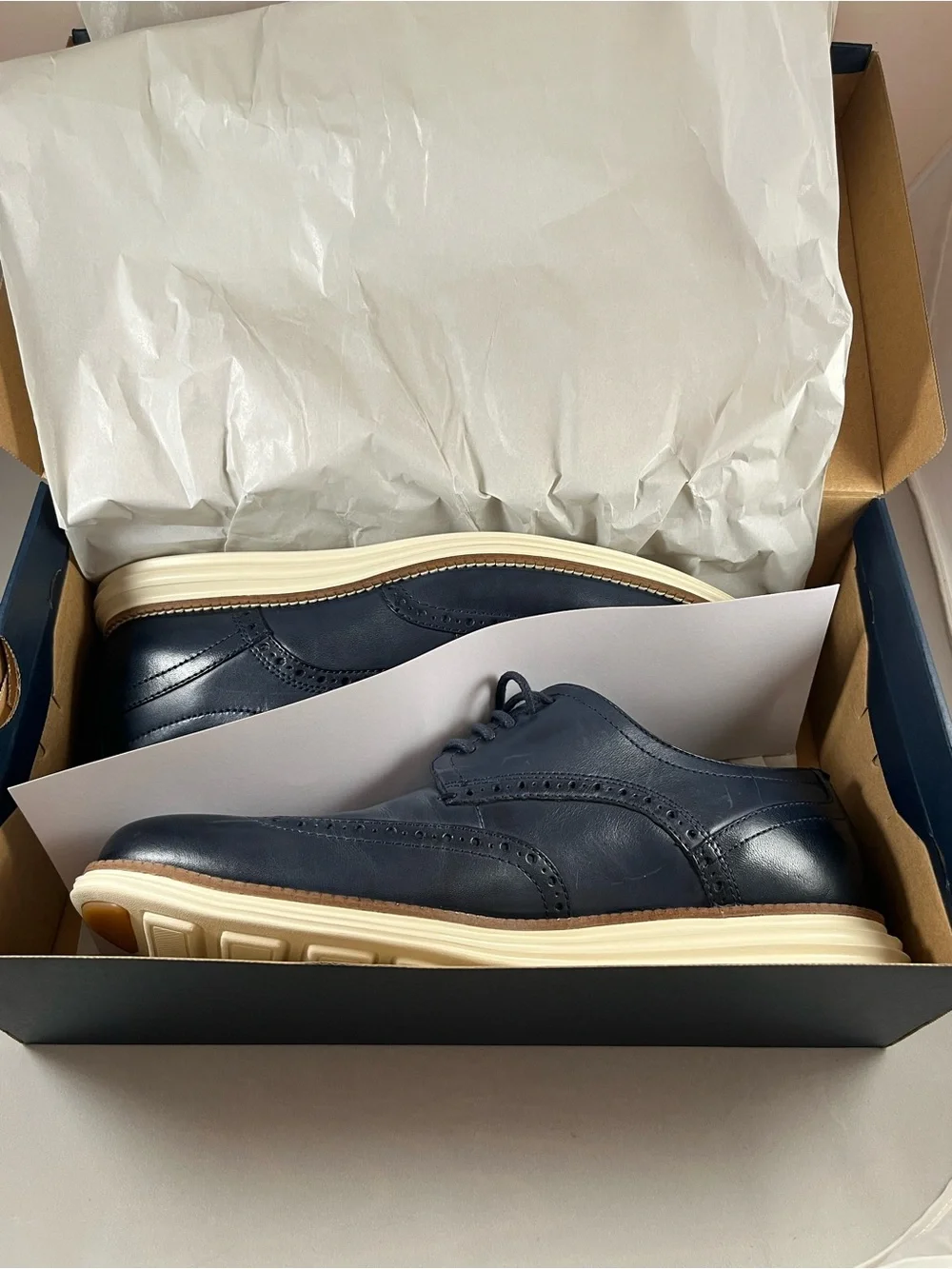 NIB Cole Haan Original Grand Shortwing Navy Leather Oxford with Ivory Sole